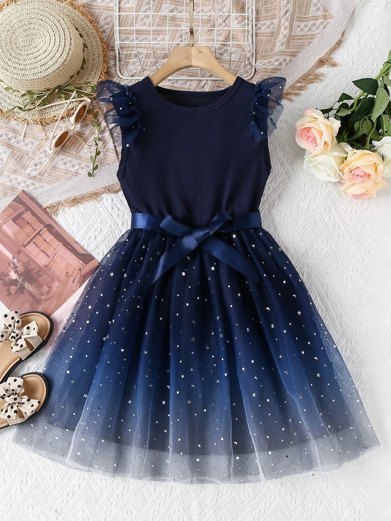 Buy SHEIN Girls Star & Moon Patched Contrast Mesh Ruffle Trim Dress in Pakistan