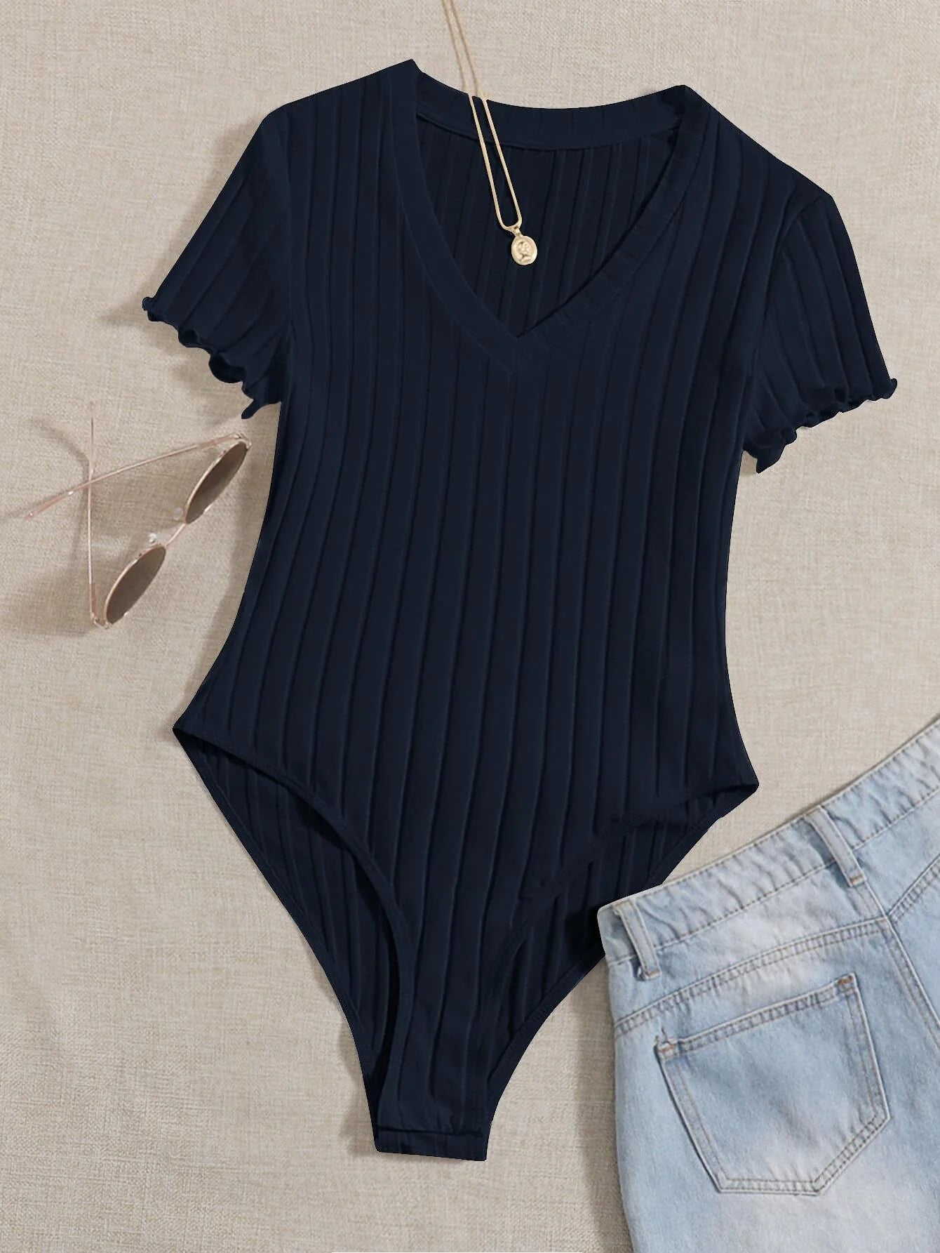Buy SHEIN Qutie Lettuce Trim Rib Knit Bodysuit in Pakistan