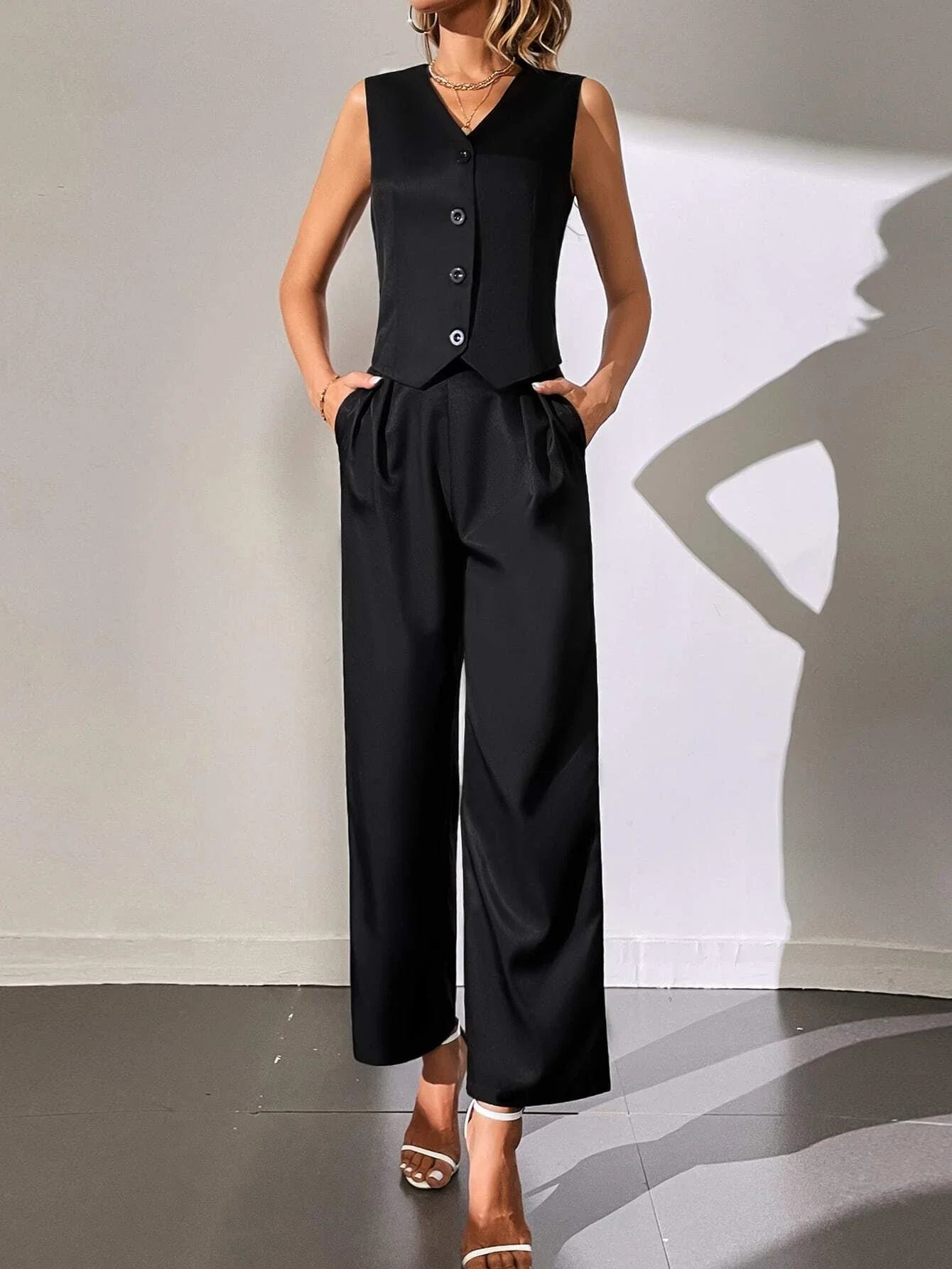 Buy SHEIN Solid Button Front Blazer Vest & Suit Pants in Pakistan