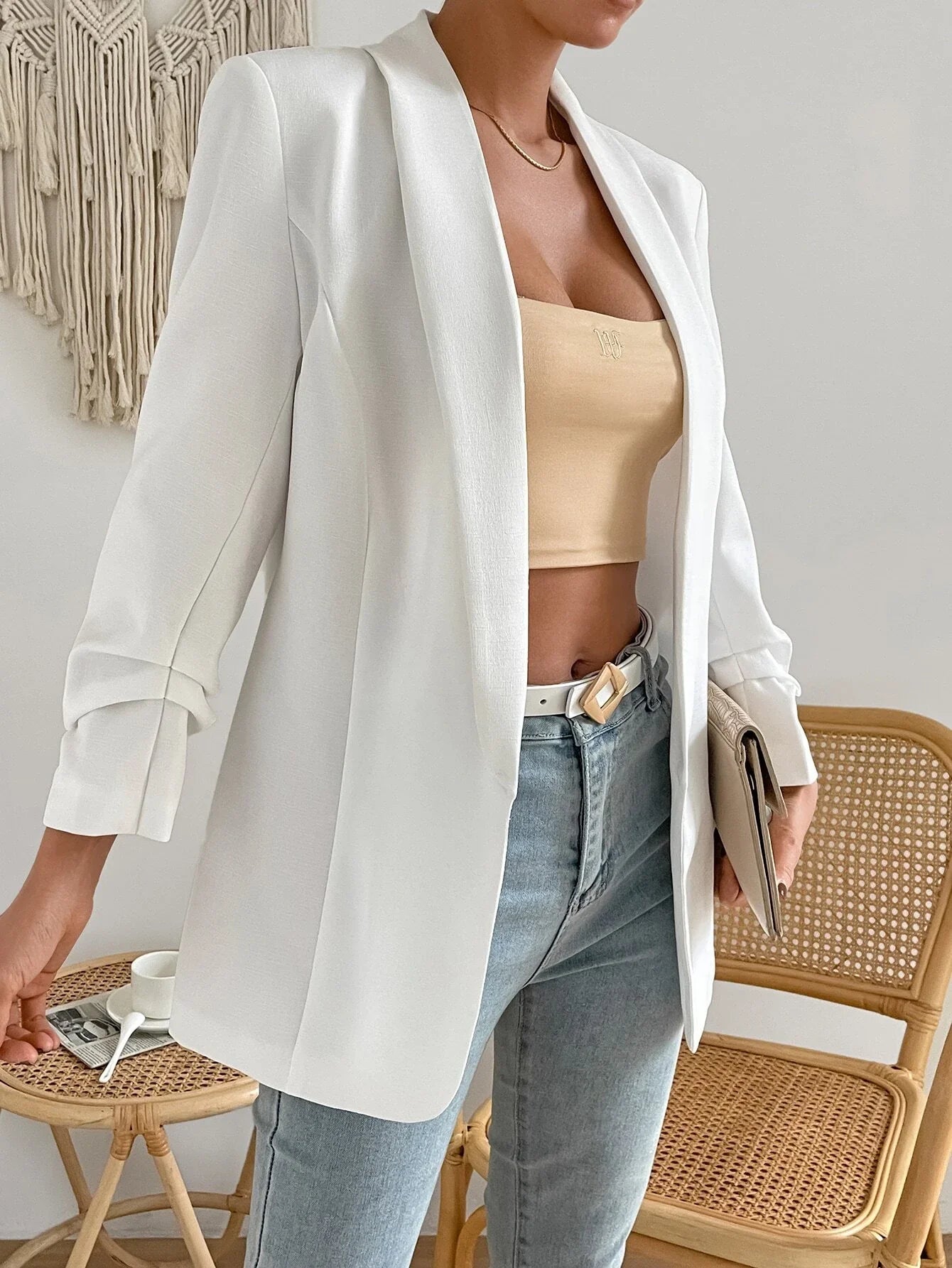 Buy SHEIN Shawl Collar Ruched Detail Open Front Blazer in Pakistan