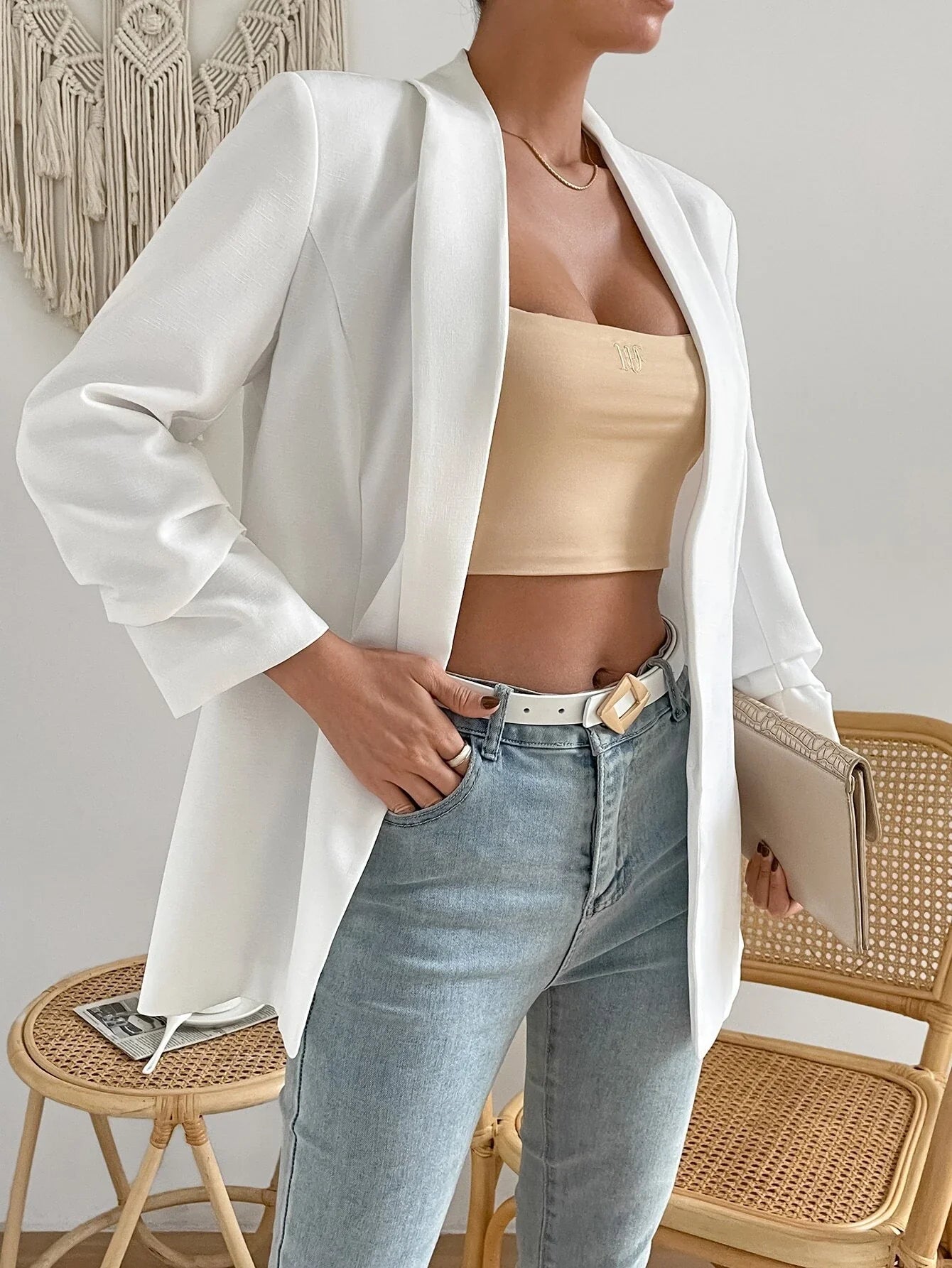 Buy SHEIN Shawl Collar Ruched Detail Open Front Blazer in Pakistan