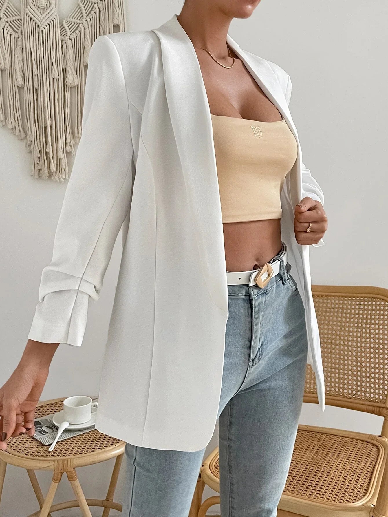 Buy SHEIN Shawl Collar Ruched Detail Open Front Blazer in Pakistan