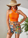 Buy SHEIN VCAY Solid Halter Top & Floral Print Paperbag Waist Belted Shorts in Pakistan