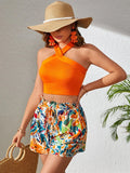 Buy SHEIN VCAY Solid Halter Top & Floral Print Paperbag Waist Belted Shorts in Pakistan