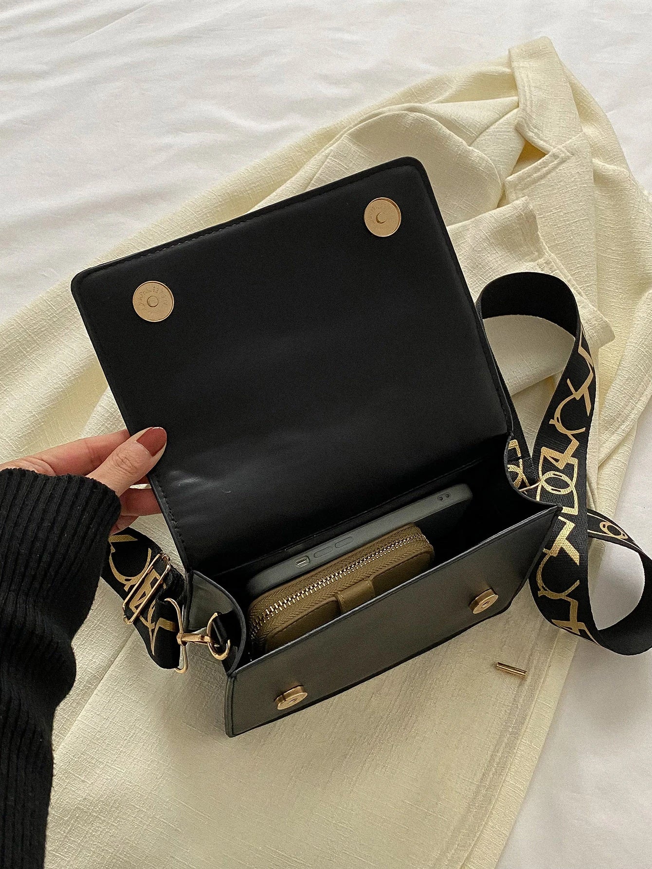 Buy SHEIN Geometric Embossed Flap Square Bag Fashionable Black PU For Daily Life in Pakistan