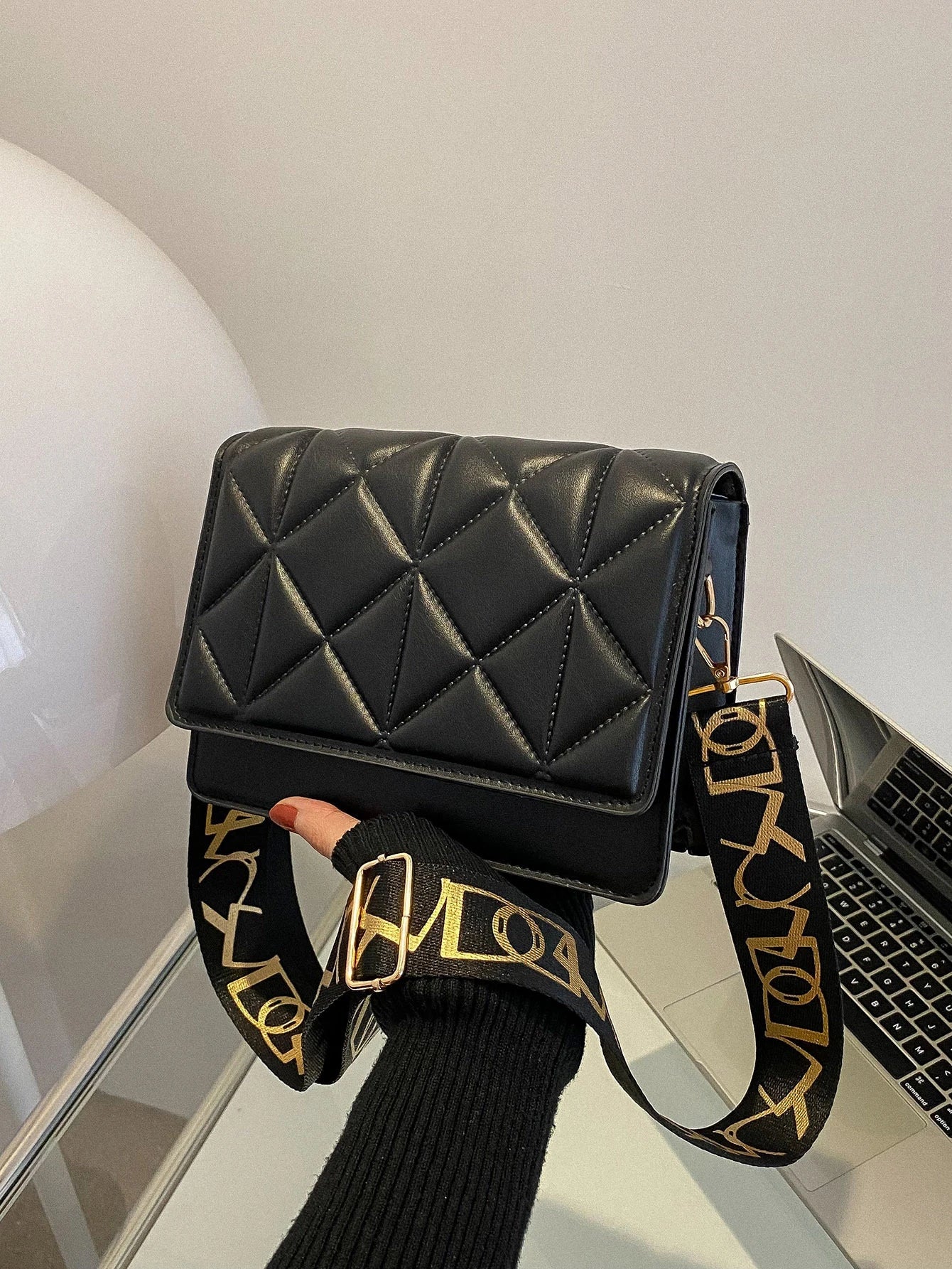 Buy SHEIN Geometric Embossed Flap Square Bag Fashionable Black PU For Daily Life in Pakistan