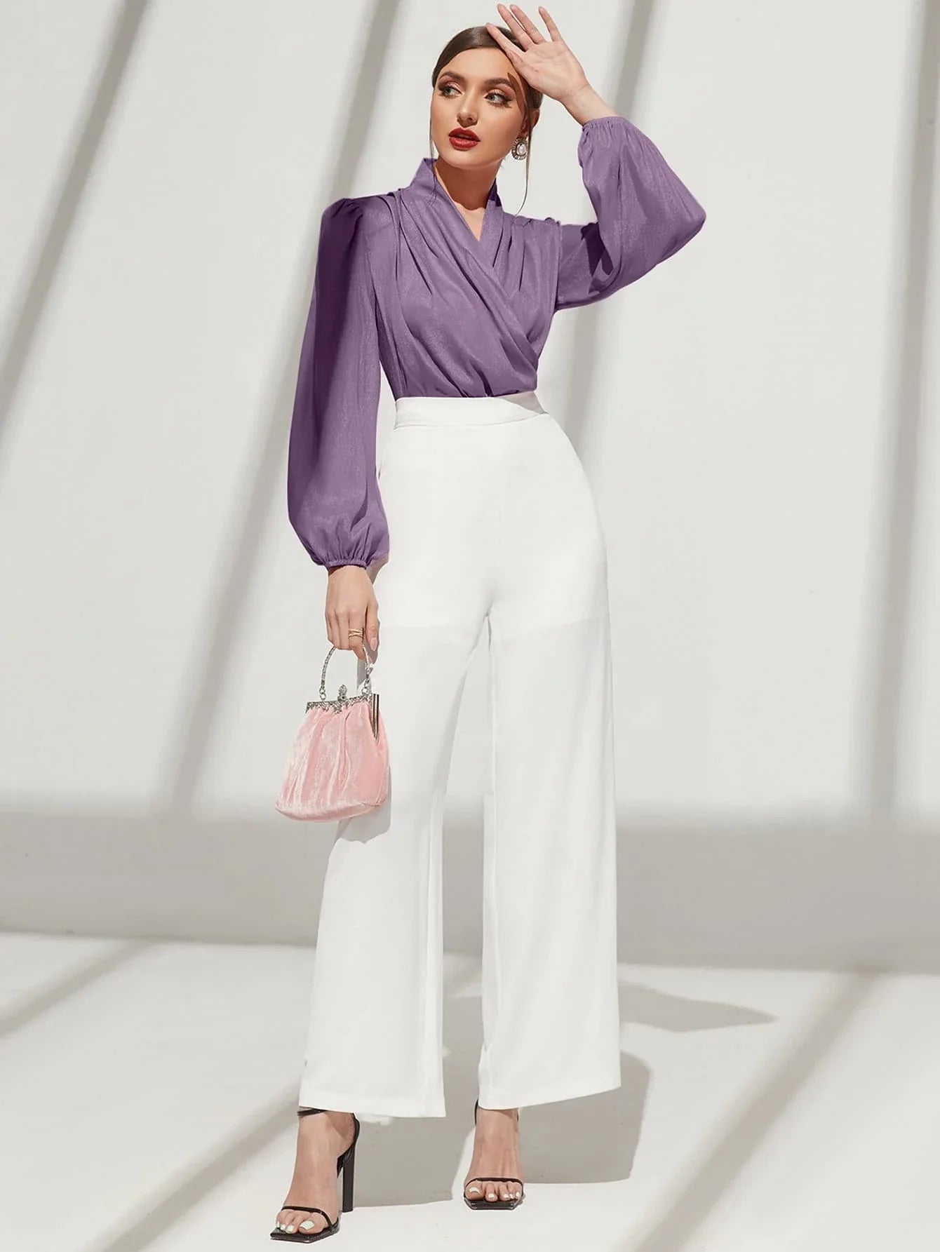 Buy SHEIN Modely Solid Surplice Front Lantern Sleeve Blouse in Pakistan