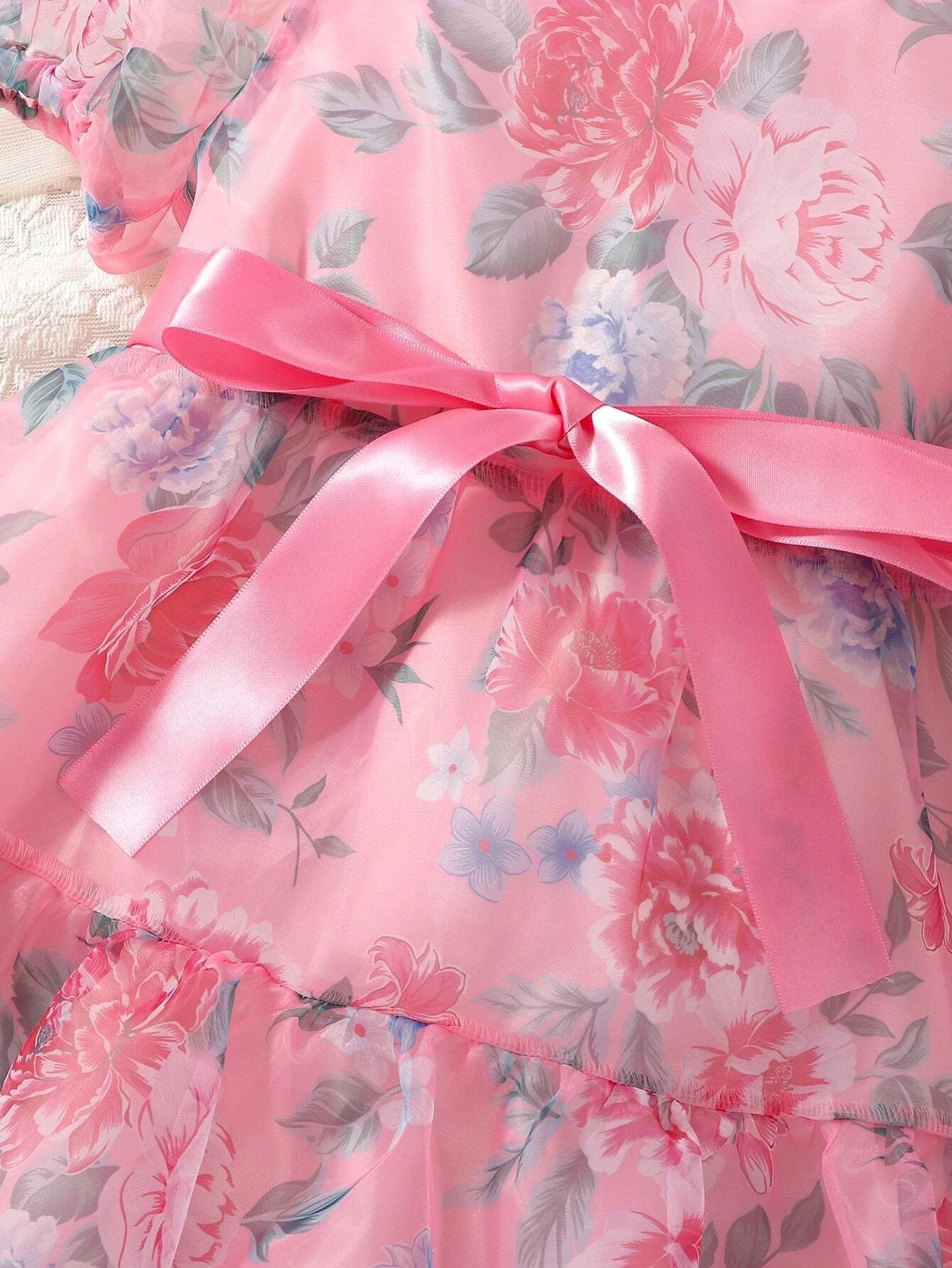 Buy SHEIN Toddler Girls Floral Print Puff Sleeve Ruffle Hem Belted Organza Dress in Pakistan