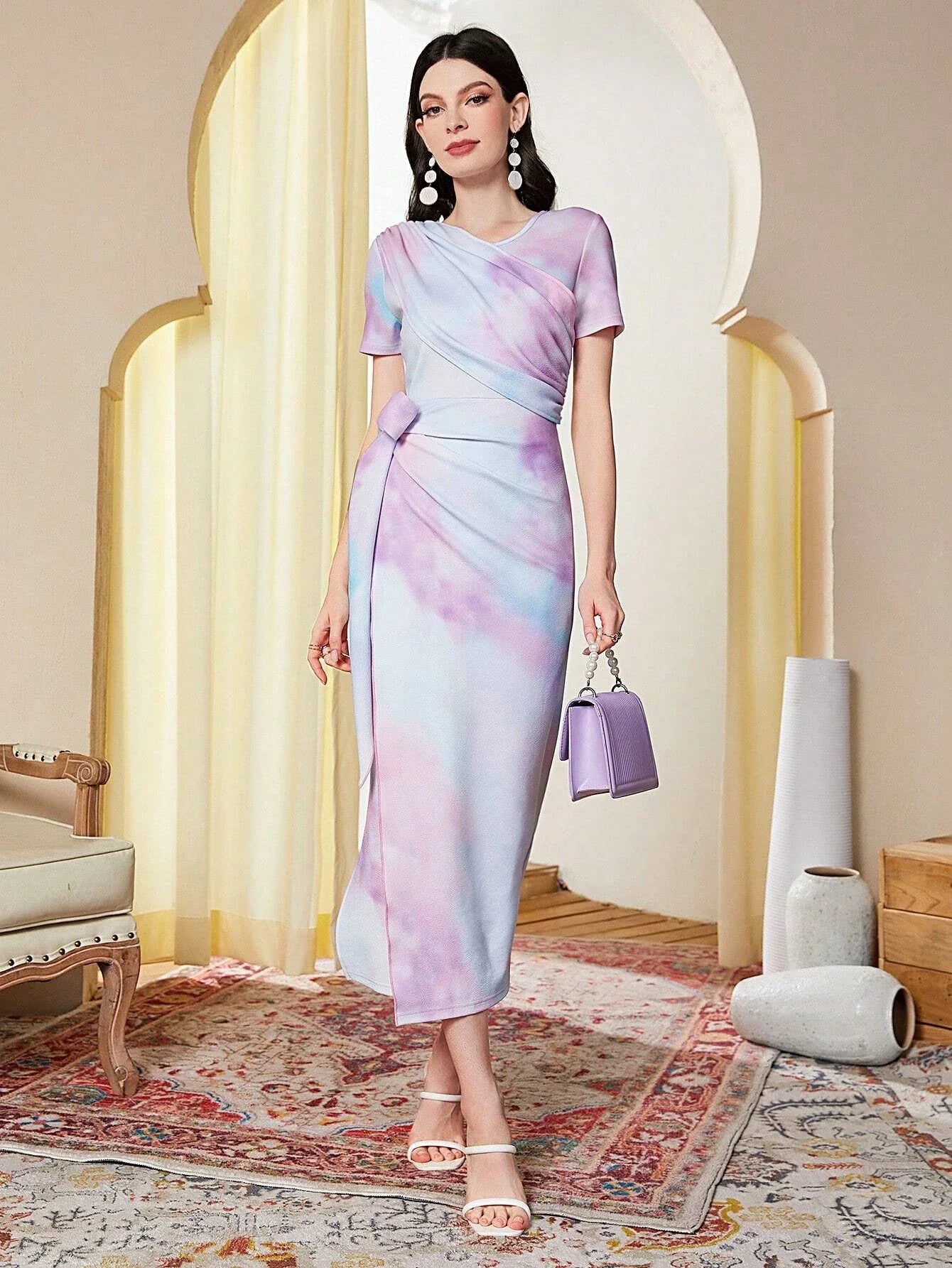 Buy SHEIN Modely Tie Dye Ruched Knot Side Dress in Pakistan