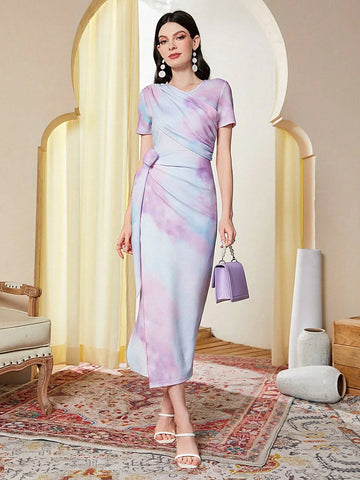 Buy SHEIN Modely Tie Dye Ruched Knot Side Dress in Pakistan