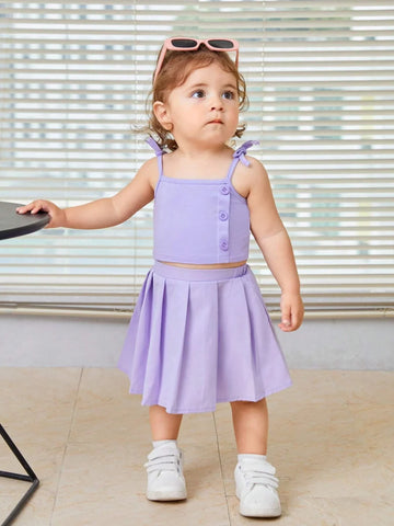 Buy SHEIN Baby Bow Shoulder Cami Top & Pleated Skirt in Pakistan