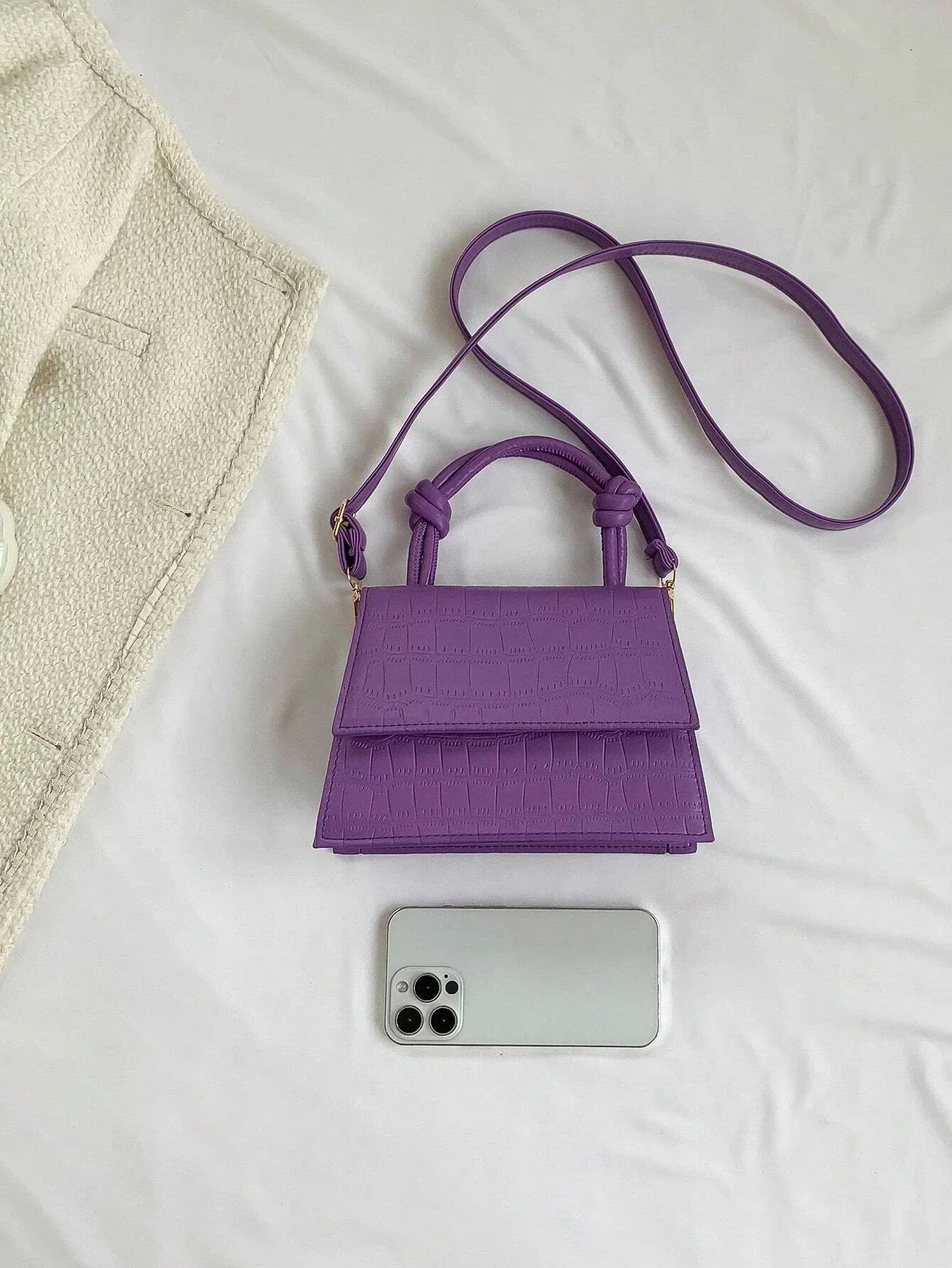Buy SHEIN Crocodile Embossed Square Bag Mini Flap Purple in Pakistan