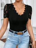 Buy SHEIN Privé Contrast Lace Scallop Trim Bodysuit in Pakistan