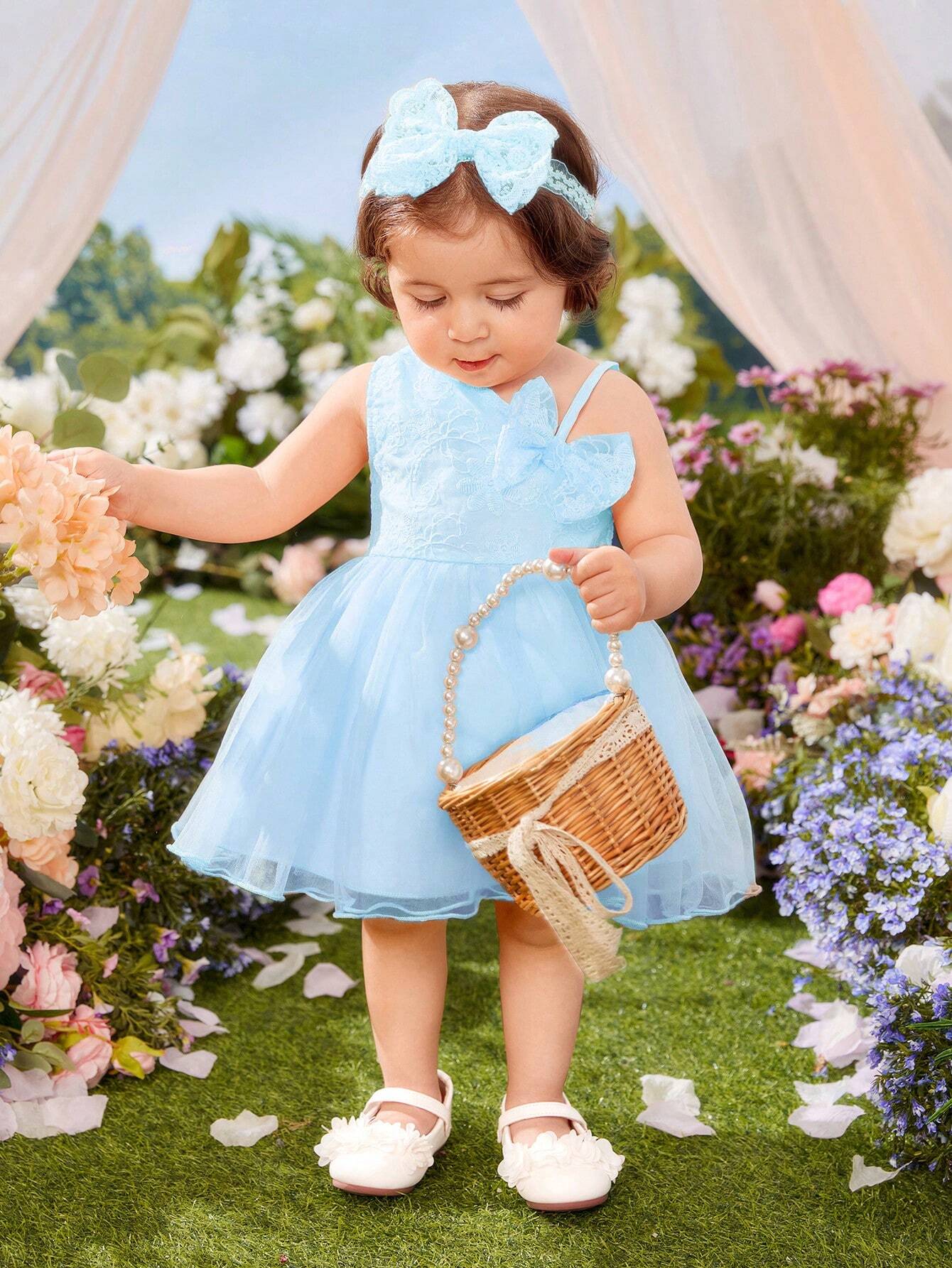 Buy SHEIN Baby Bow Front Asymmetric Neck Mesh Overlay Party Dress in Pakistan