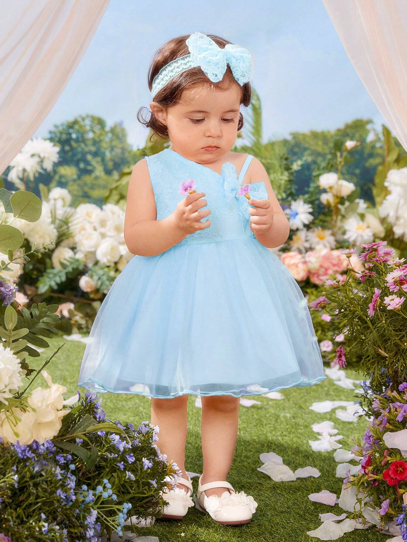 Buy SHEIN Baby Bow Front Asymmetric Neck Mesh Overlay Party Dress in Pakistan