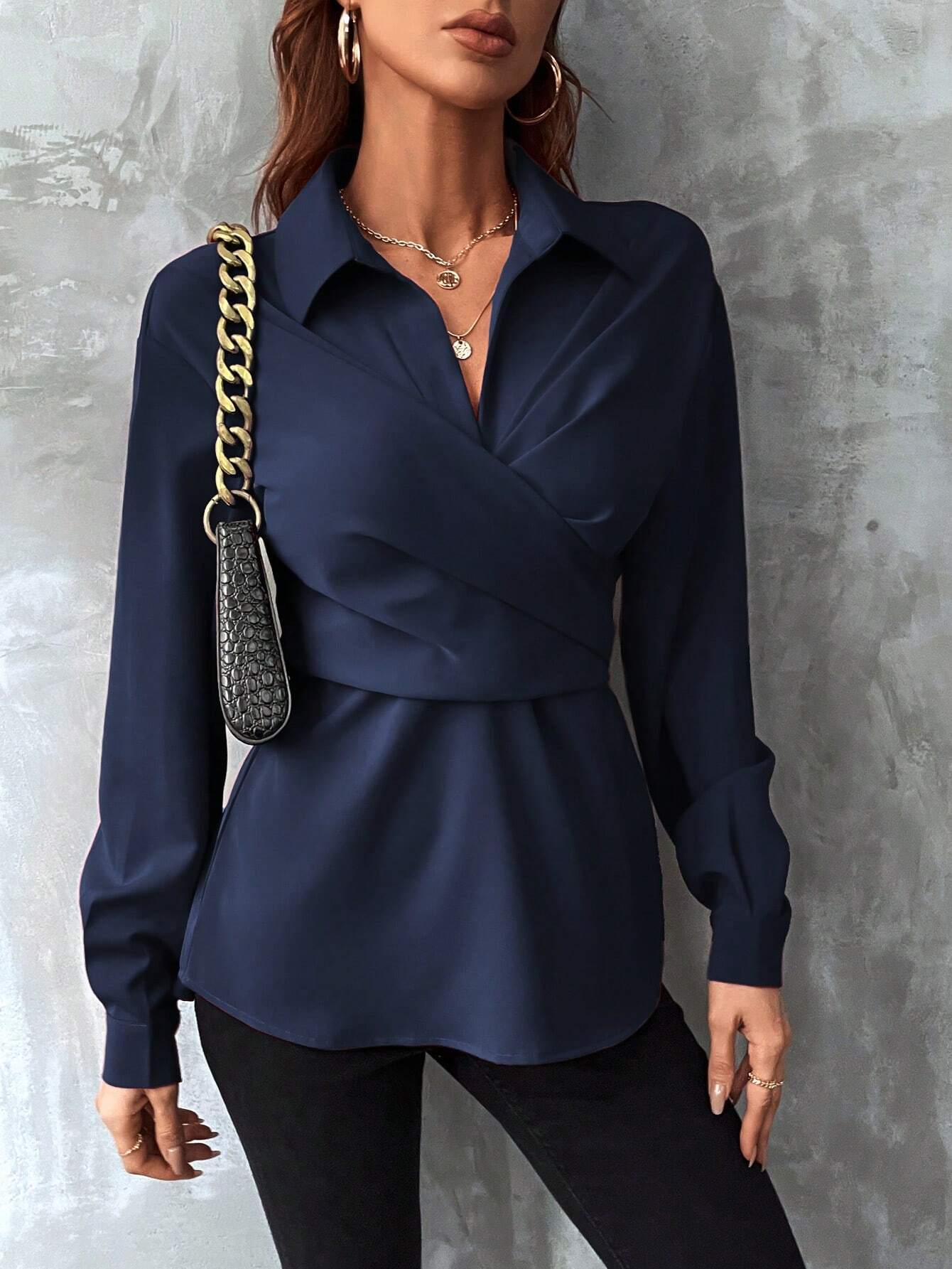 Buy SHEIN Clasi Solid Wrap Cross Tie Back Blouse in Pakistan