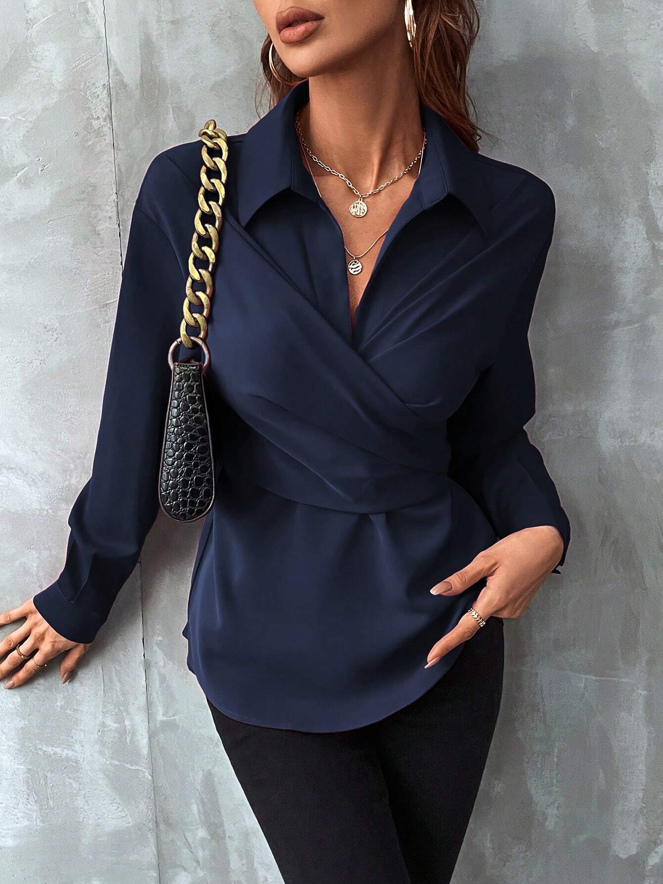 Buy SHEIN Clasi Solid Wrap Cross Tie Back Blouse in Pakistan