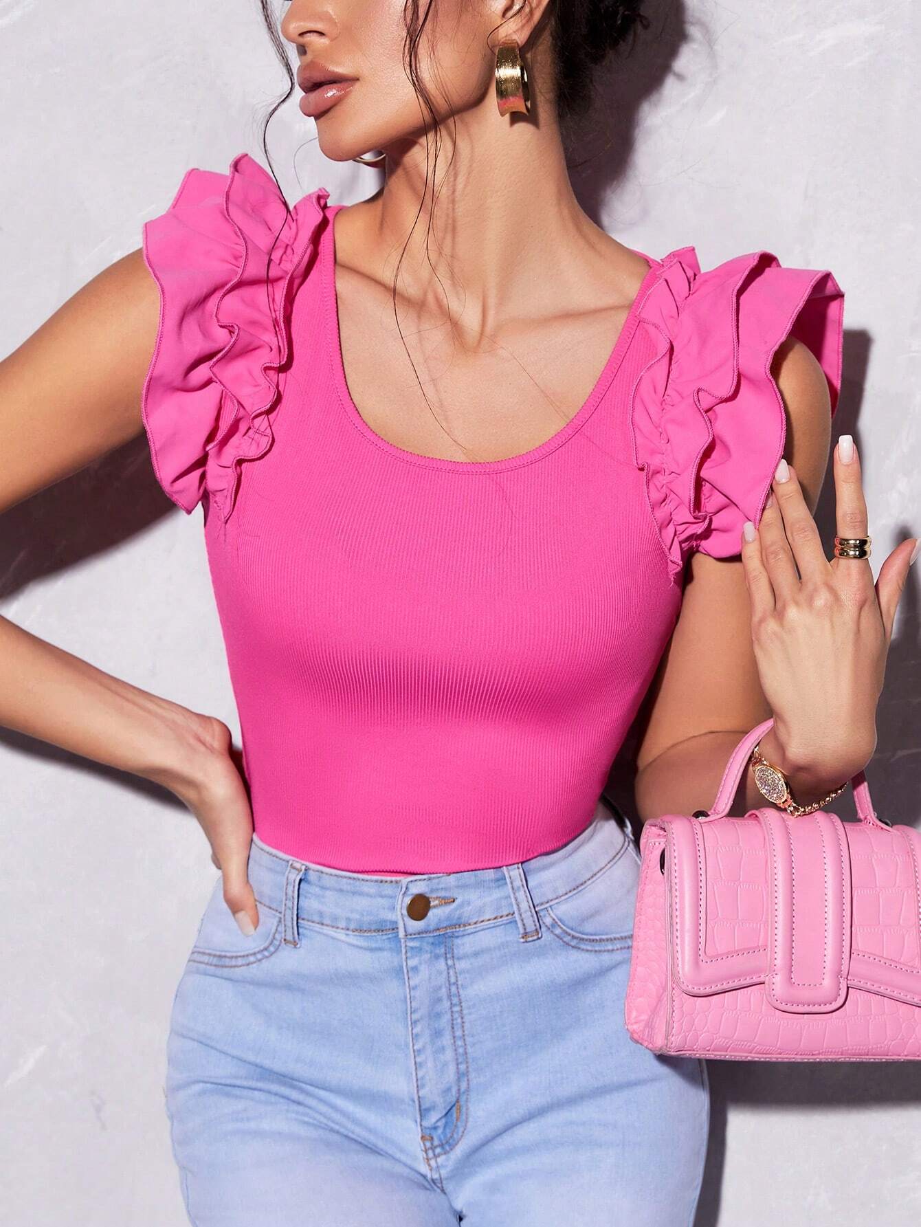 Buy SHEIN Privé Ruffle Trim Solid Tee in Pakistan