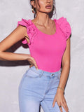 Buy SHEIN Privé Ruffle Trim Solid Tee in Pakistan