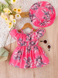 Buy SHEIN Baby Tropical Print Cold Shoulder Ruffle Trim Dress With Hat in Pakistan