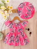 Buy SHEIN Baby Tropical Print Cold Shoulder Ruffle Trim Dress With Hat in Pakistan