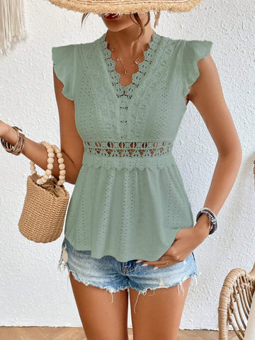 Buy SHEIN Frenchy Guipure Lace Panel Butterfly Sleeve Peplum Schiffy Tee in Pakistan