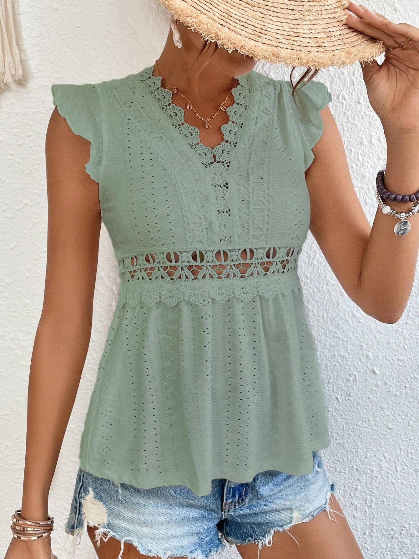 Buy SHEIN Frenchy Guipure Lace Panel Butterfly Sleeve Peplum Schiffy Tee in Pakistan
