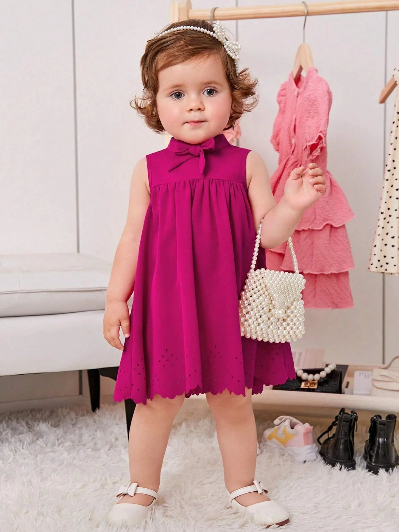 Buy SHEIN Baby Bow Front Laser Cut Out Scallop Trim Dress in Pakistan