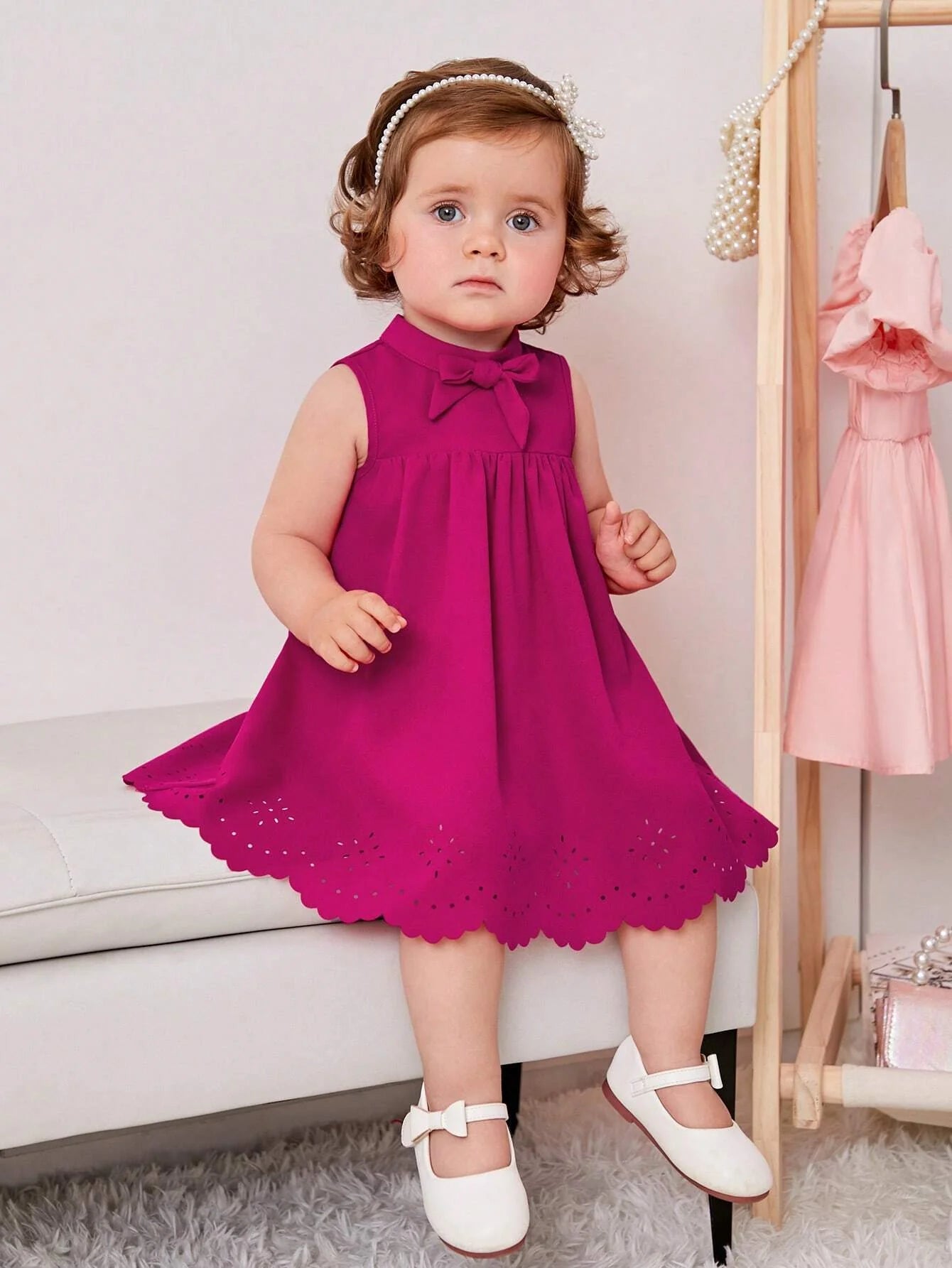 Buy SHEIN Baby Bow Front Laser Cut Out Scallop Trim Dress in Pakistan