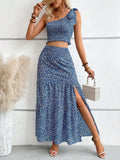 Buy SHEIN VCAY Ditsy Floral Print One Shoulder Top & Split Thigh Skirt in Pakistan