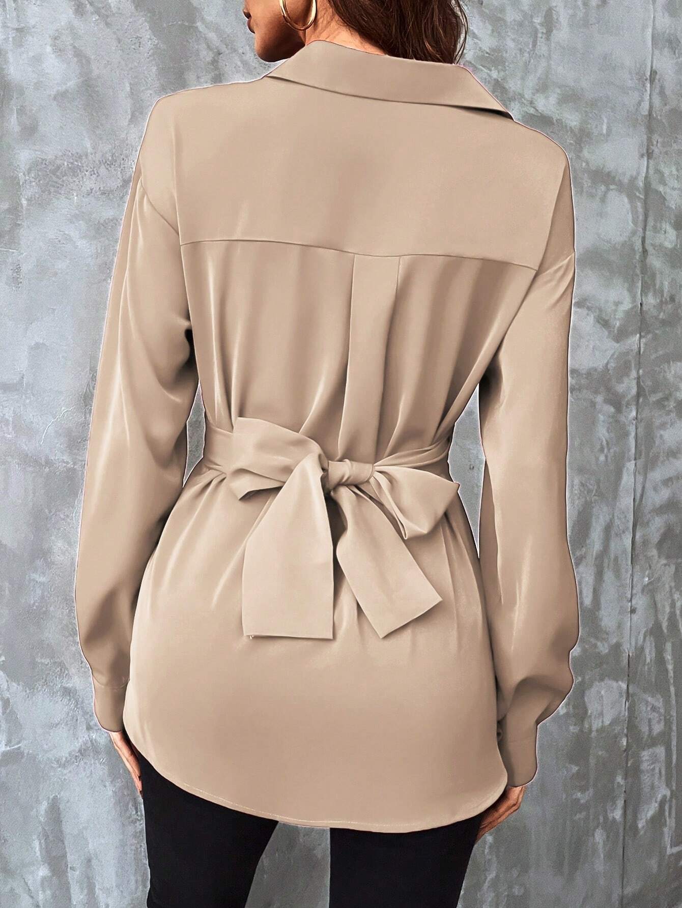 Buy SHEIN Clasi Solid Wrap Cross Tie Back Blouse in Pakistan