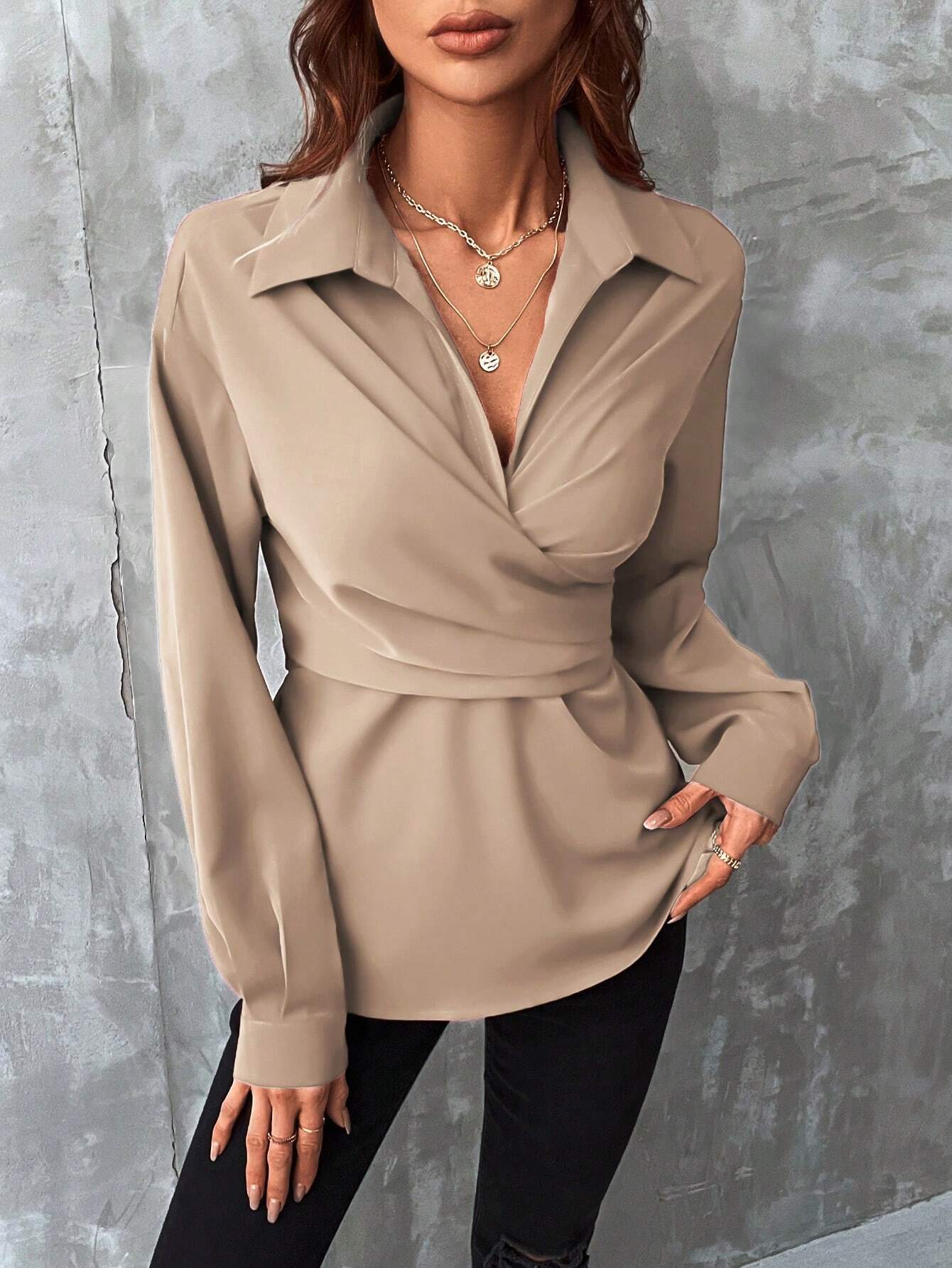 Buy SHEIN Clasi Solid Wrap Cross Tie Back Blouse in Pakistan