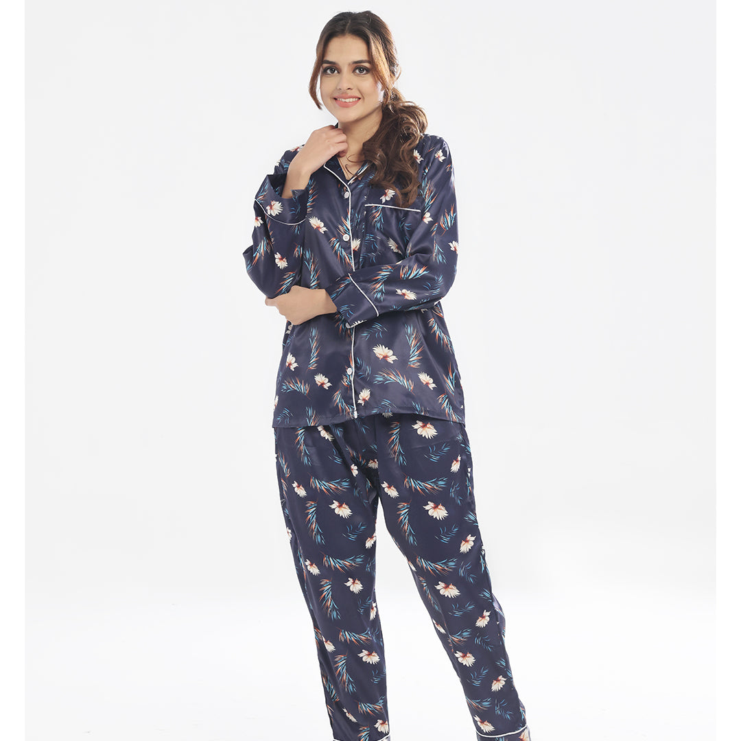 Buy Sajiero Silk Pajama Suit with Scrunchie - Bloom Haven in Pakistan