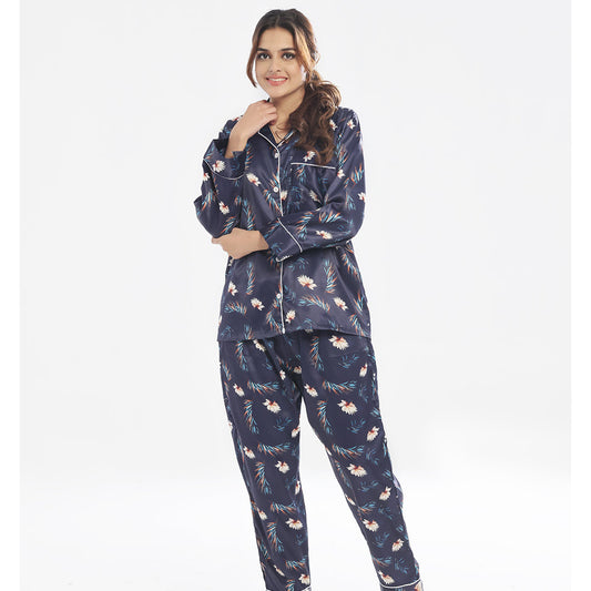 Buy Sajiero Silk Pajama Suit with Scrunchie - Bloom Haven in Pakistan