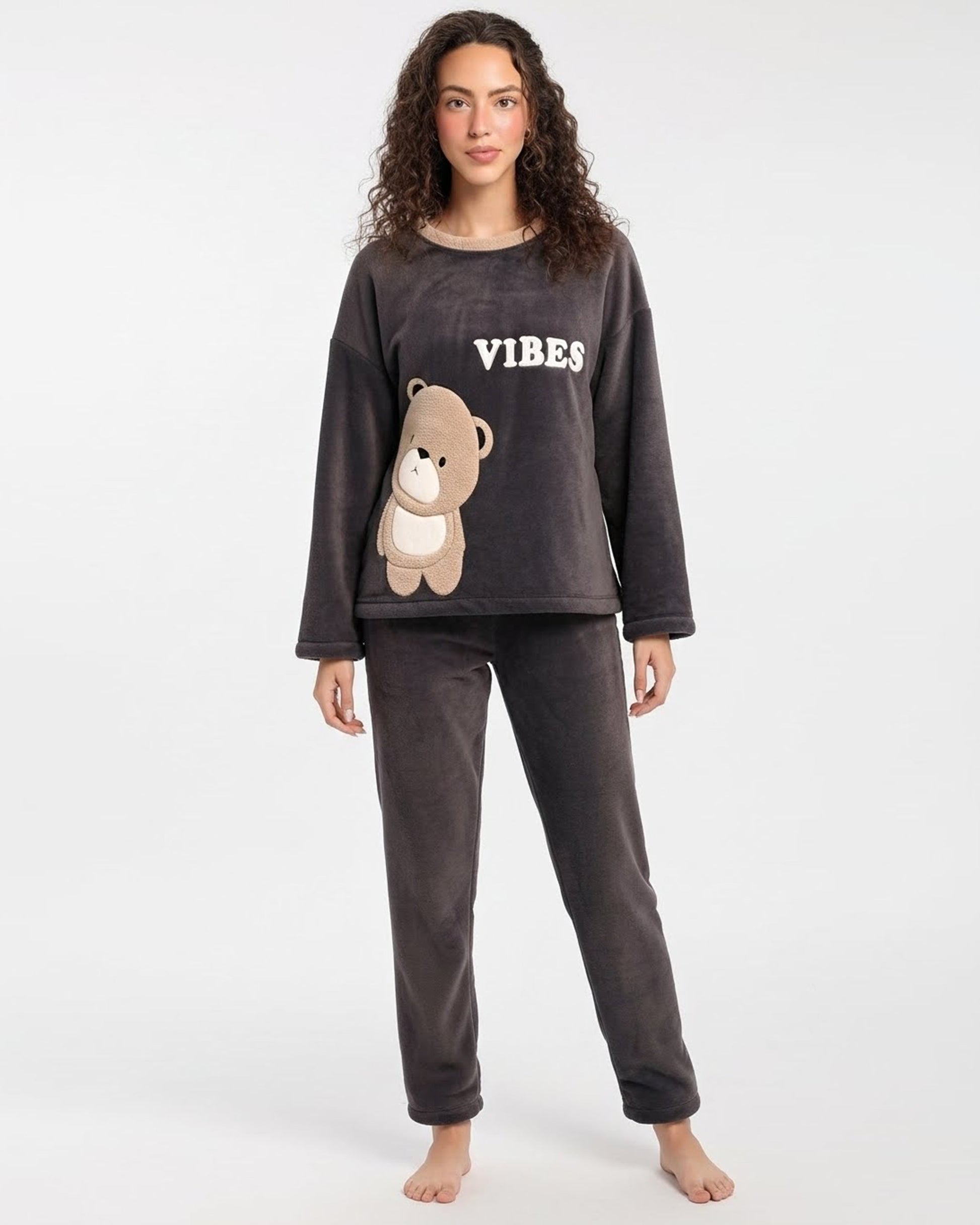 Buy Sajiero Fleece Long Sleeve Pajama Suit Dark Grey in Pakistan
