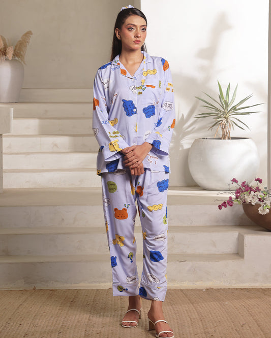 Buy Sajiero Linen Pajama Suit with Scrunchie - Happy Snooze in Pakistan