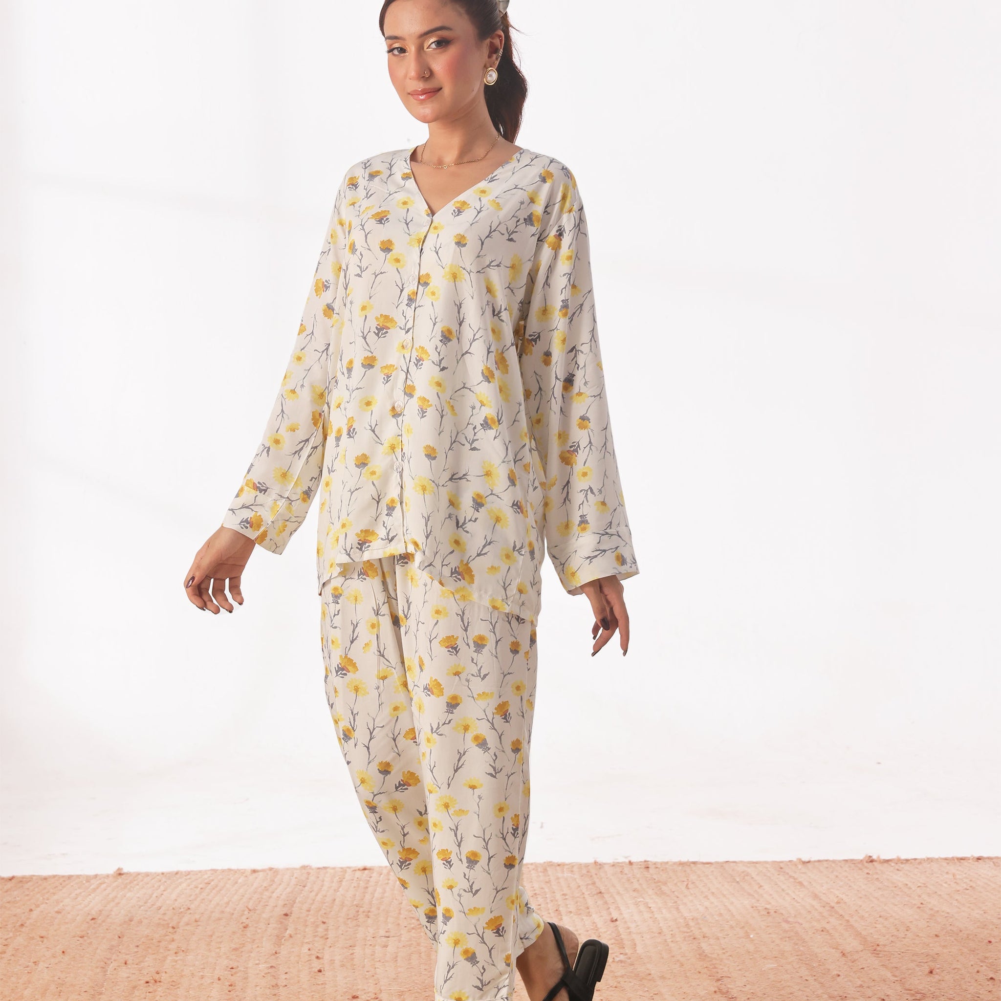 Buy Sajiero Linen Pajama Suit with Scrunchie - Sunlit Bloom in Pakistan