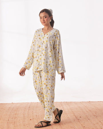 Buy Sajiero Linen Pajama Suit with Scrunchie - Sunlit Bloom in Pakistan