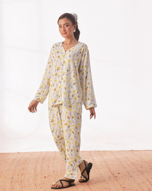 Buy Sajiero Linen Pajama Suit with Scrunchie - Sunlit Bloom in Pakistan