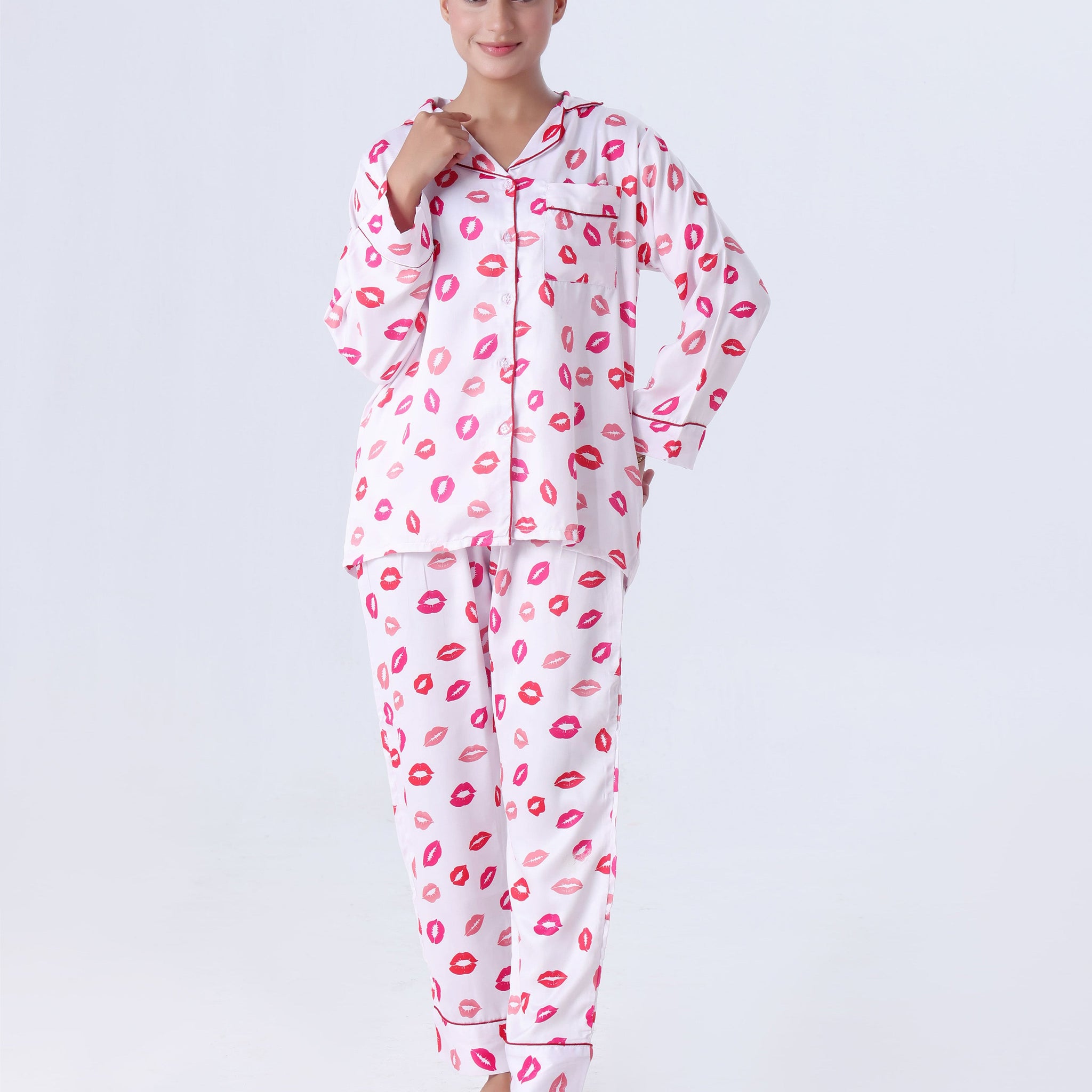 Buy Sajiero Silk Pajama Suit with Scrunchie - Lush Lips in Pakistan