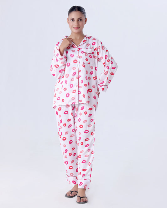 Buy Sajiero Silk Pajama Suit with Scrunchie - Lush Lips in Pakistan