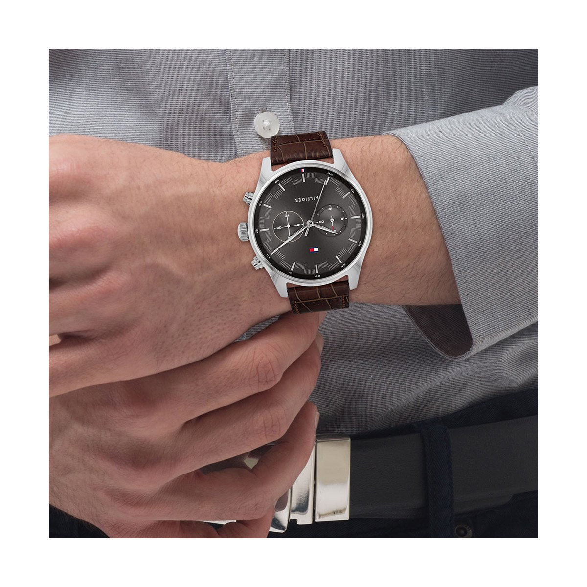 Buy Tommy Hilfiger Mens Quartz Leather Strap Grey Dial 44mm Watch - 1710422 in Pakistan