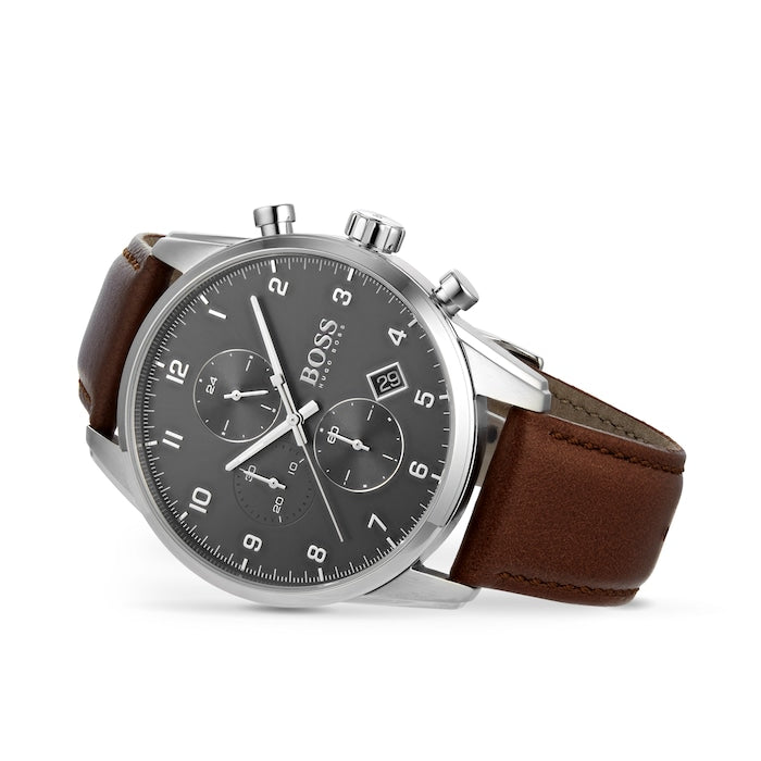 Buy Hugo Boss Mens Quartz Brown Leather Strap Grey Dial 44mm Watch - 1513787 in Pakistan