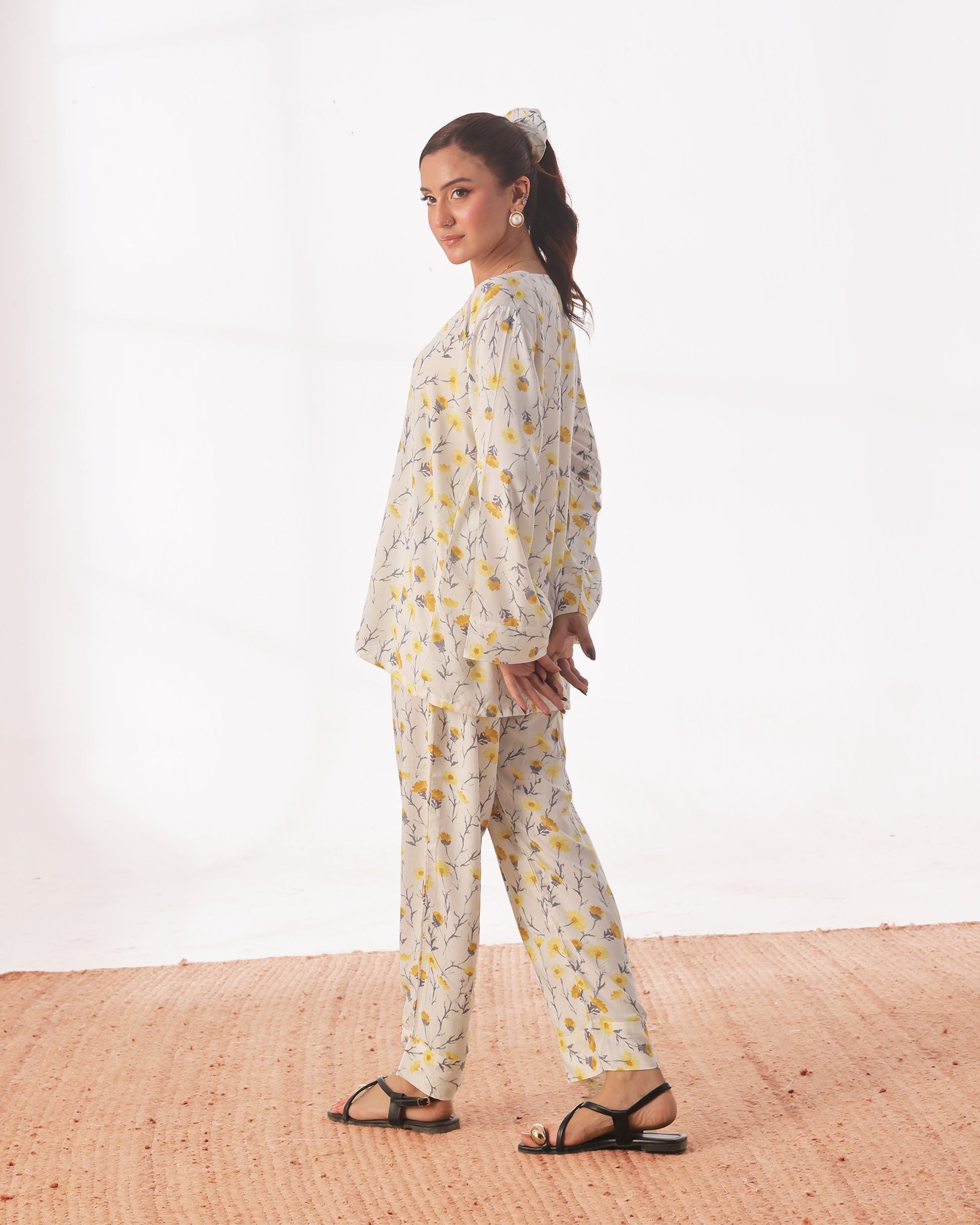 Buy Sajiero Linen Pajama Suit with Scrunchie - Sunlit Bloom in Pakistan