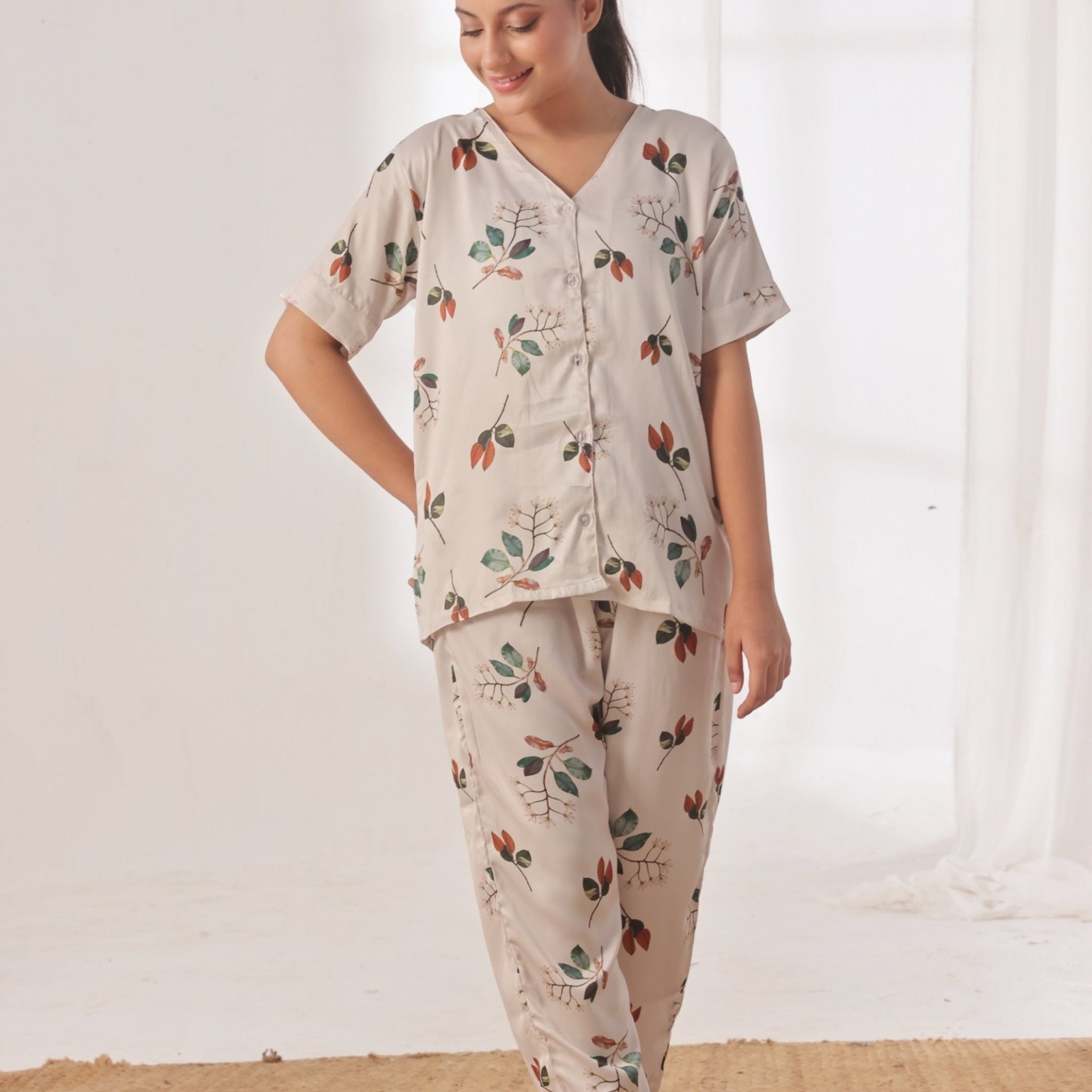 Buy Sajiero Silk Pajama Suit with Scrunchie - Lily Mist in Pakistan