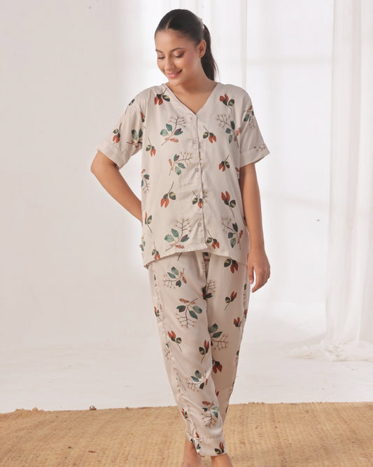 Buy Sajiero Silk Pajama Suit with Scrunchie - Lily Mist in Pakistan