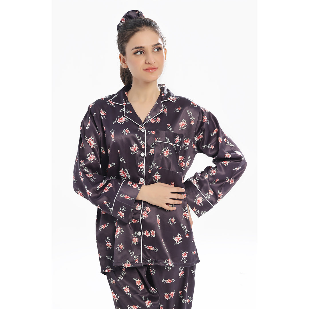 Buy Sajiero Silk Pajama Suit with Scrunchie - Dark Fleur in Pakistan