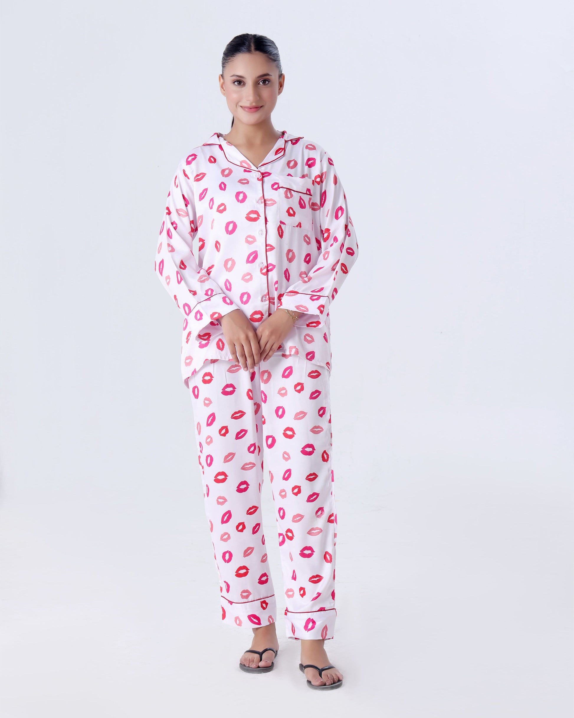 Buy Sajiero Silk Pajama Suit with Scrunchie - Lush Lips in Pakistan