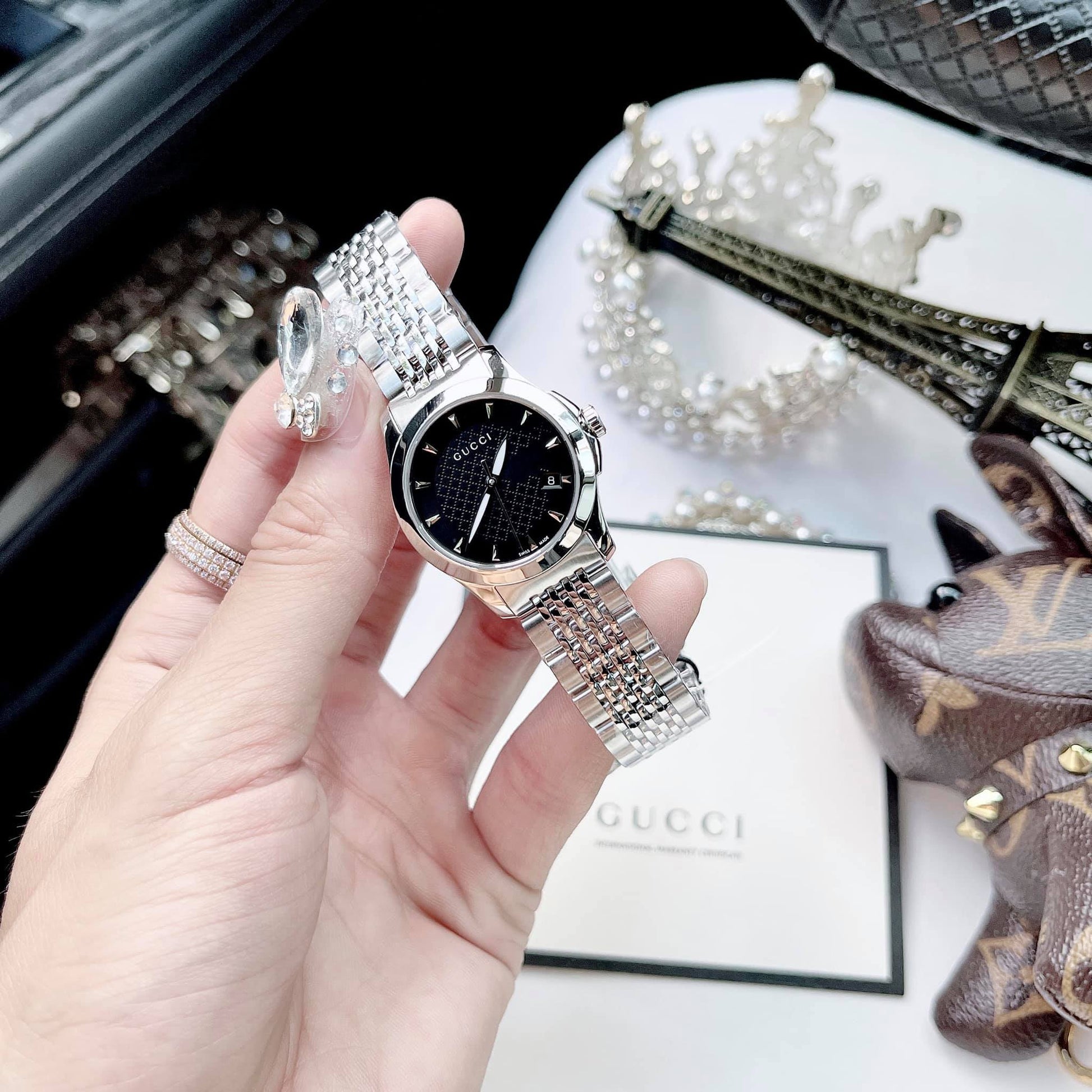 Buy Gucci G Timeless Black Dial Silver Steel Strap Watch for Women - YA126502 in Pakistan
