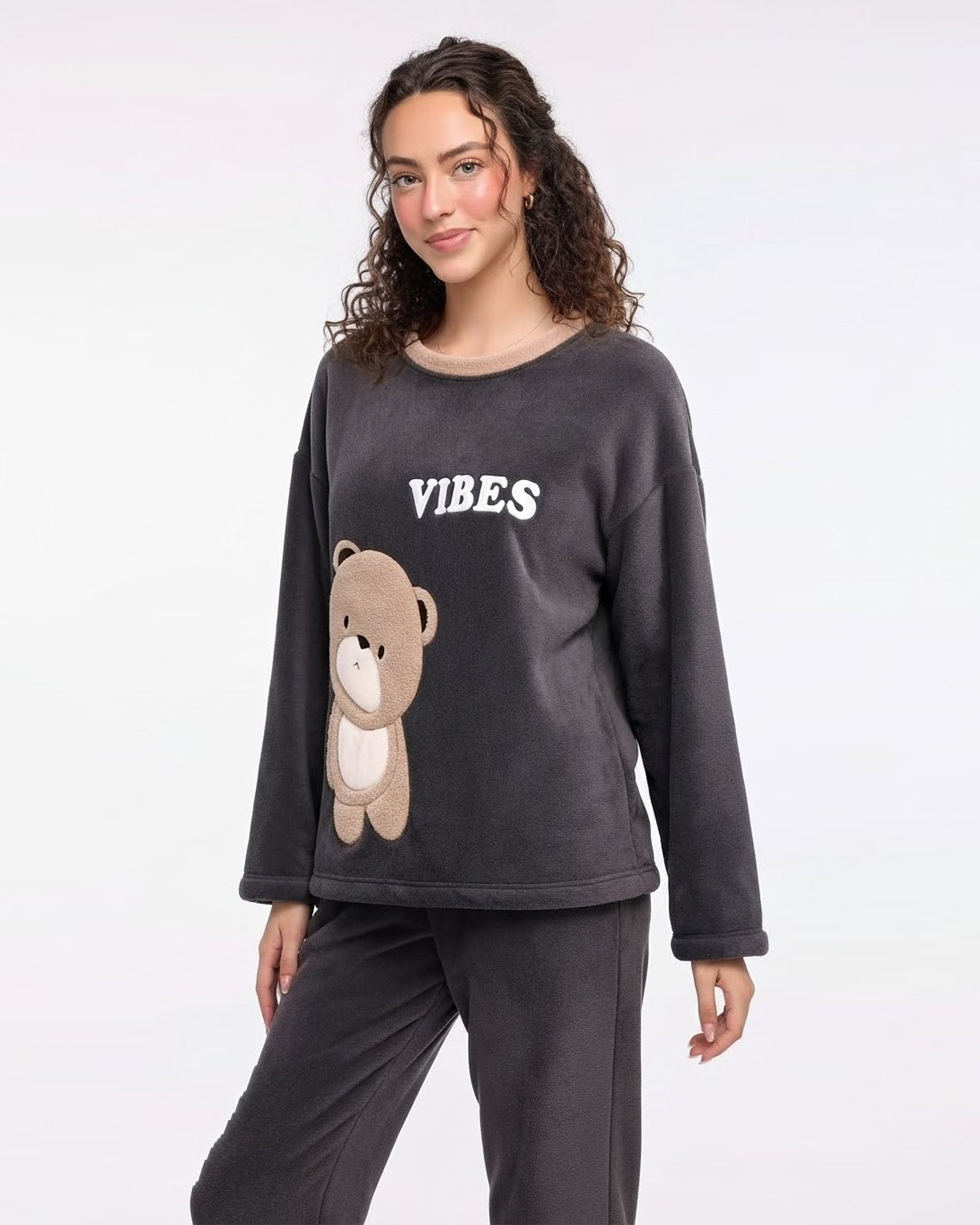 Buy Sajiero Fleece Long Sleeve Pajama Suit Dark Grey in Pakistan